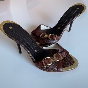 Gianmarco Lorenzi brown snake leather, gold accents, open toe heels